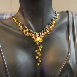 Amber Glass Beaded V Drop Necklace